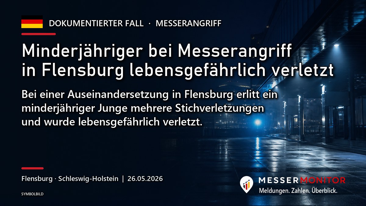 Titelgrafik: Minderjähriger bei Messerangriff in Flensburg lebensgefährlich verletzt. Bei einer Auseinandersetzung in Flensburg erlitt ein minderjähriger Junge mehrere Stichverletzungen und wurde lebensgefährlich verletzt..
