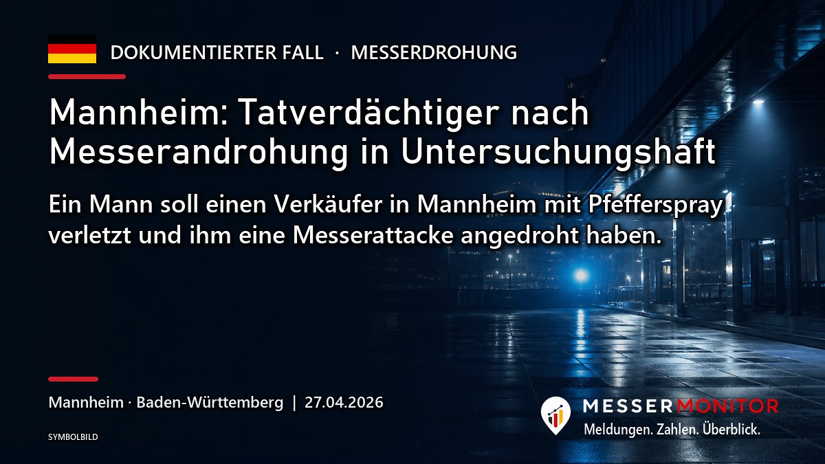 Titelgrafik: Mannheim: Tatverdächtiger nach Messerandrohung in Untersuchungshaft. Ein Mann soll einen Verkäufer in Mannheim mit Pfefferspray verletzt und ihm eine Messerattacke angedroht haben..