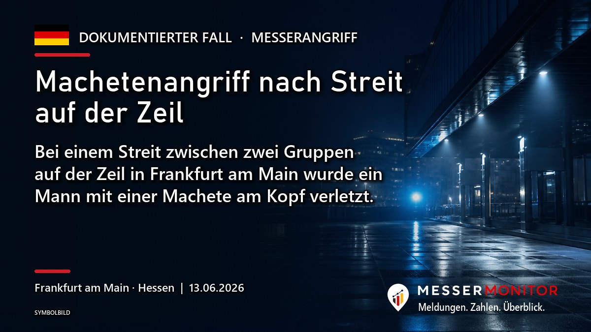 Titelgrafik: Machetenangriff nach Streit auf der Zeil. Bei einem Streit zwischen zwei Gruppen auf der Zeil in Frankfurt am Main wurde ein Mann mit einer Machete am Kopf verletzt..
