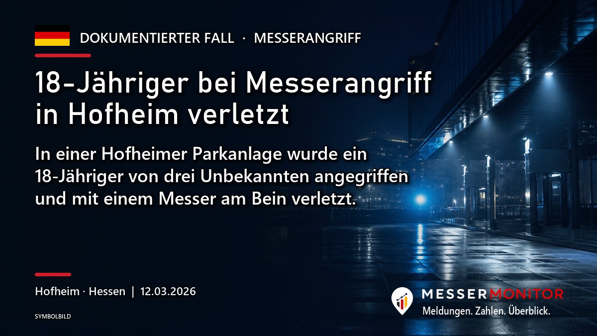 Titelgrafik: 18-Jähriger bei Messerangriff in Hofheim verletzt. In einer Hofheimer Parkanlage wurde ein 18-Jähriger von drei Unbekannten angegriffen und mit einem Messer am Bein verletzt..