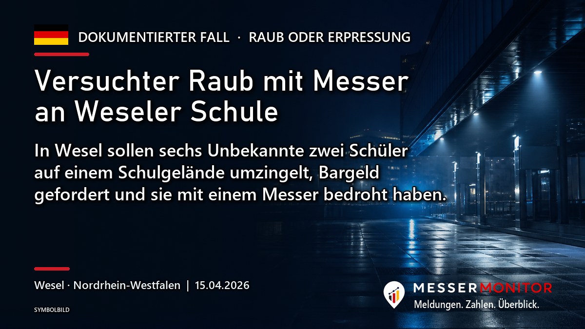 Titelgrafik: Versuchter Raub mit Messer an Weseler Schule. In Wesel sollen sechs Unbekannte zwei Schüler auf einem Schulgelände umzingelt, Bargeld gefordert und sie mit einem Messer bedroht haben..