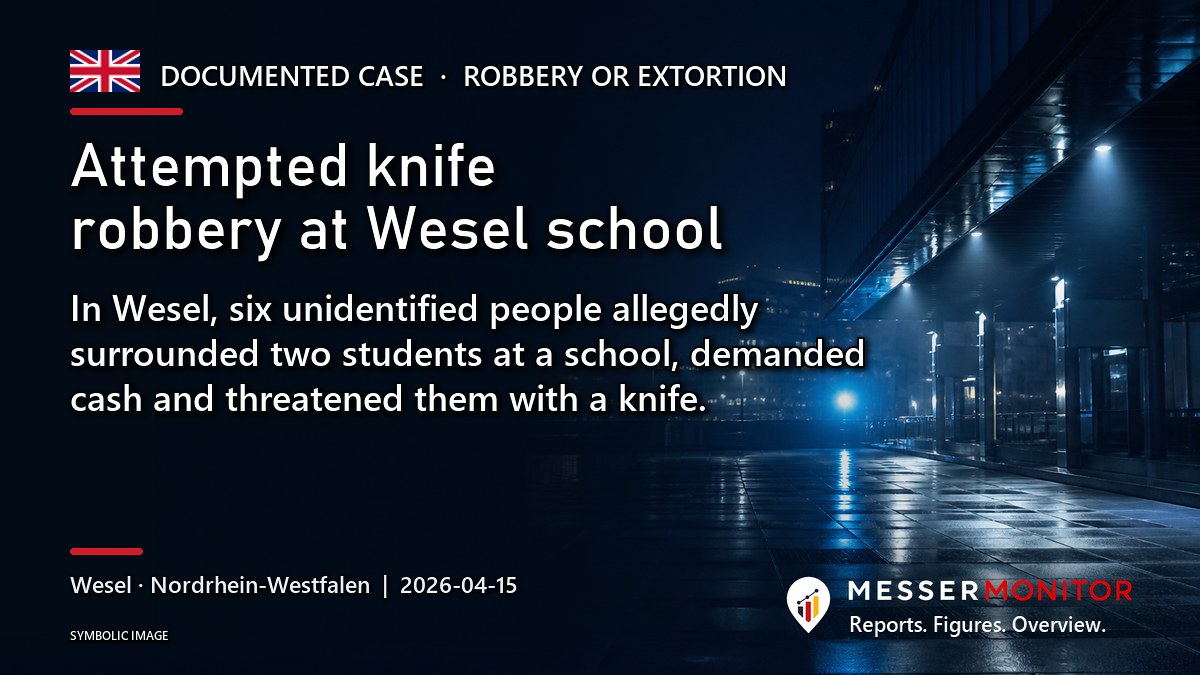 Title image: Attempted knife robbery at Wesel school. In Wesel, six unidentified people allegedly surrounded two students at a school, demanded cash and threatened them with a knife..