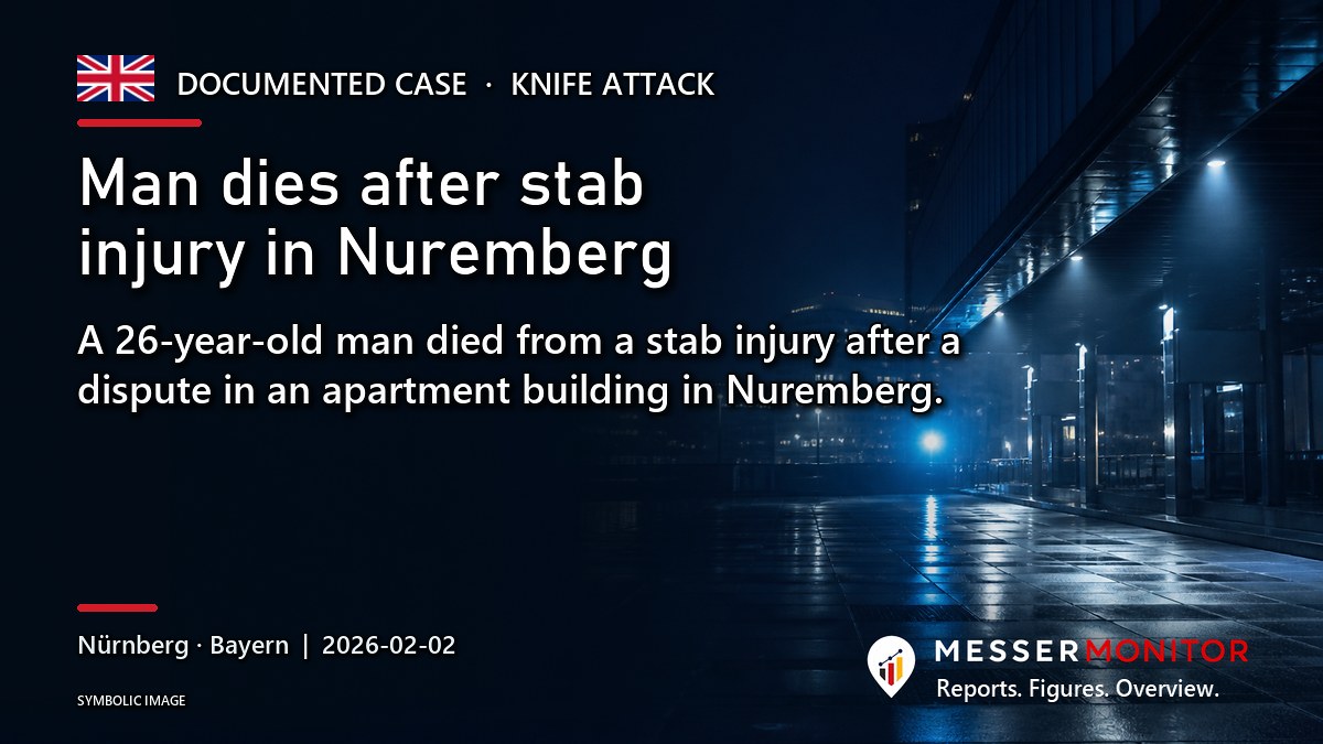 Title image: Man dies after stab injury in Nuremberg. A 26-year-old man died from a stab injury after a dispute in an apartment building in Nuremberg..
