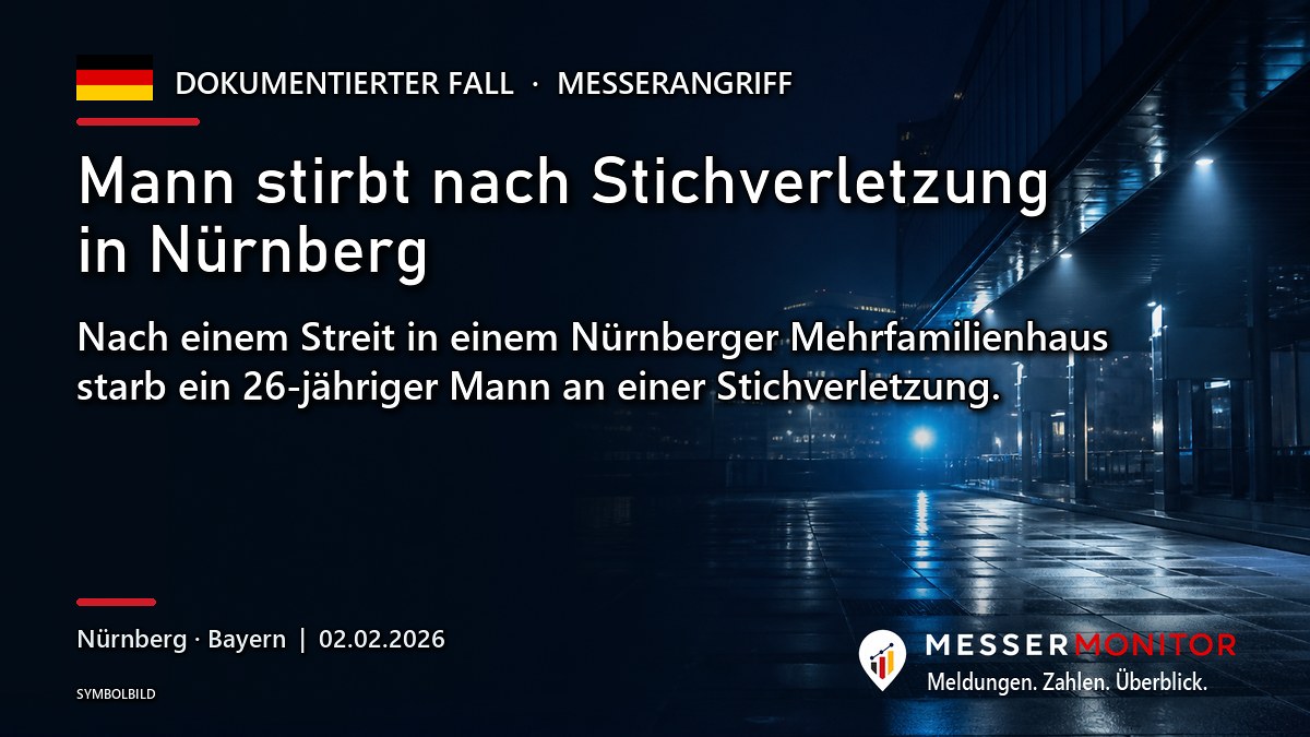 Titelgrafik: Mann stirbt nach Stichverletzung in Nürnberg. Nach einem Streit in einem Nürnberger Mehrfamilienhaus starb ein 26-jähriger Mann an einer Stichverletzung..