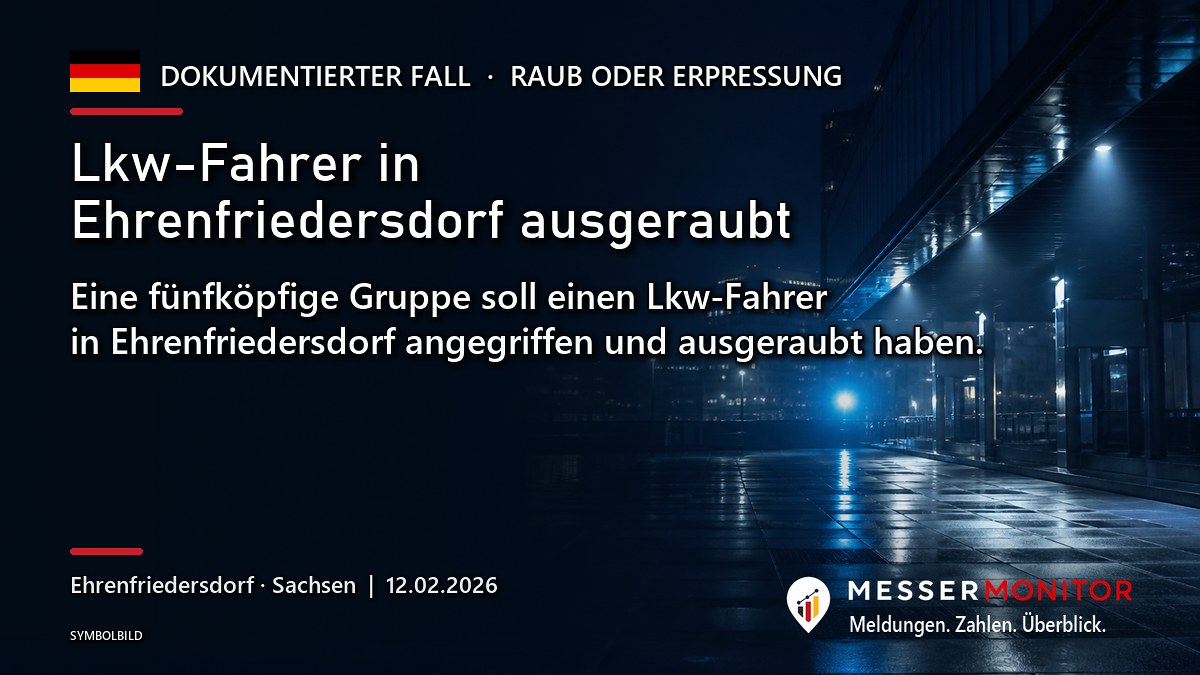 Titelgrafik: Lkw-Fahrer in Ehrenfriedersdorf ausgeraubt. Eine fünfköpfige Gruppe soll einen Lkw-Fahrer in Ehrenfriedersdorf angegriffen und ausgeraubt haben..