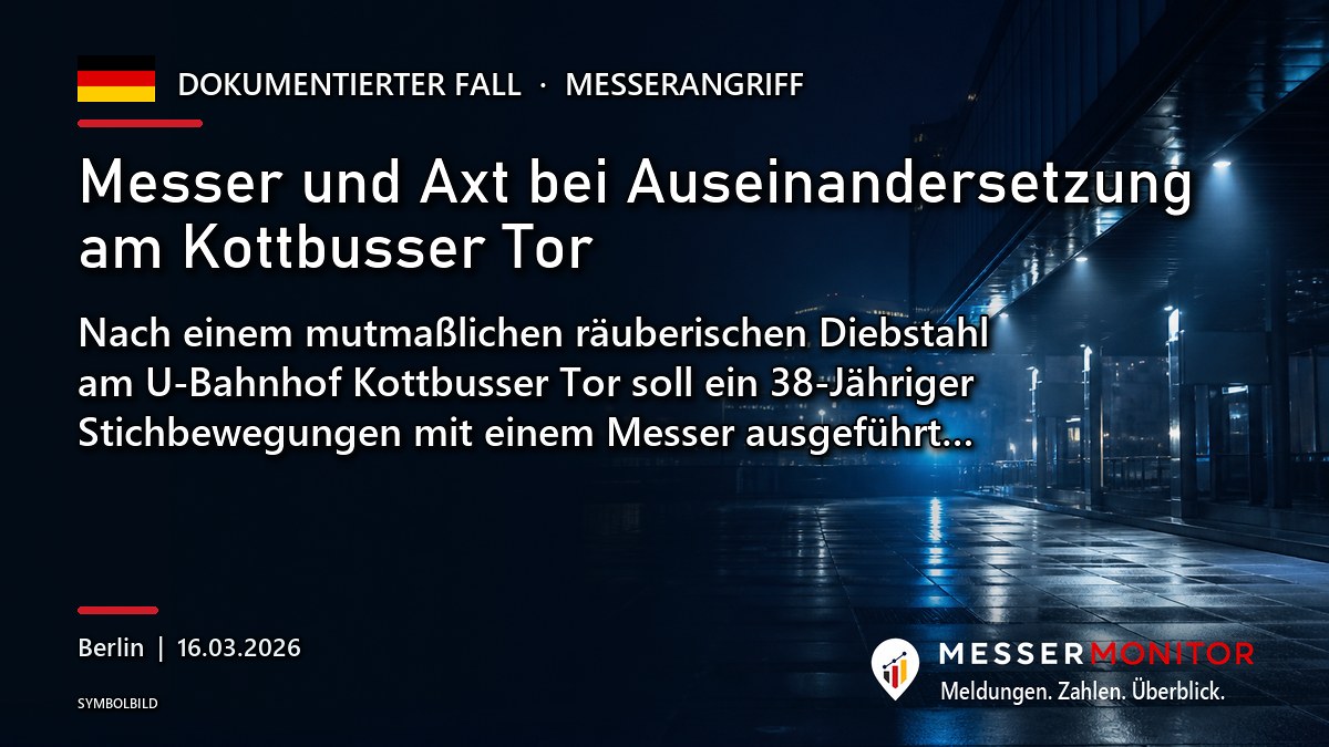 Titelgrafik: Messer und Axt bei Auseinandersetzung am Kottbusser Tor. Nach einem mutmaßlichen räuberischen Diebstahl am U-Bahnhof Kottbusser Tor soll ein 38-Jähriger Stichbewegungen mit einem Messer ausgeführt….