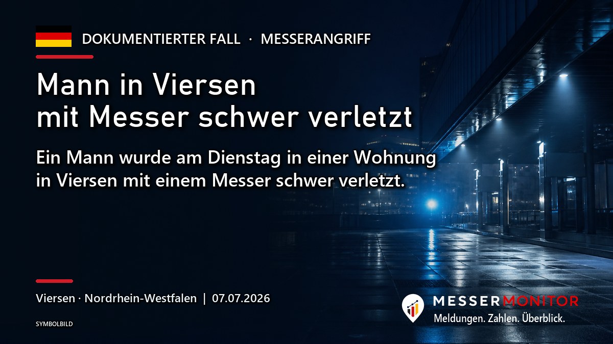 Titelgrafik: Mann in Viersen mit Messer schwer verletzt. Ein Mann wurde am Dienstag in einer Wohnung in Viersen mit einem Messer schwer verletzt..