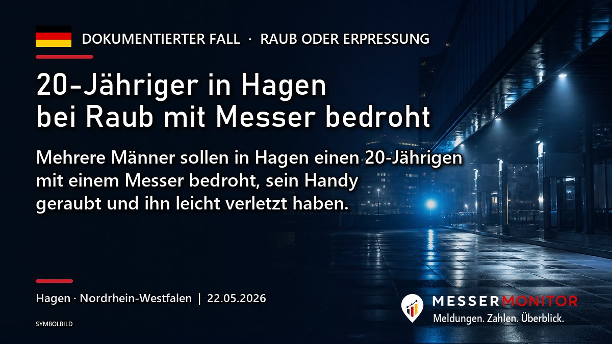 Titelgrafik: 20-Jähriger in Hagen bei Raub mit Messer bedroht. Mehrere Männer sollen in Hagen einen 20-Jährigen mit einem Messer bedroht, sein Handy geraubt und ihn leicht verletzt haben..