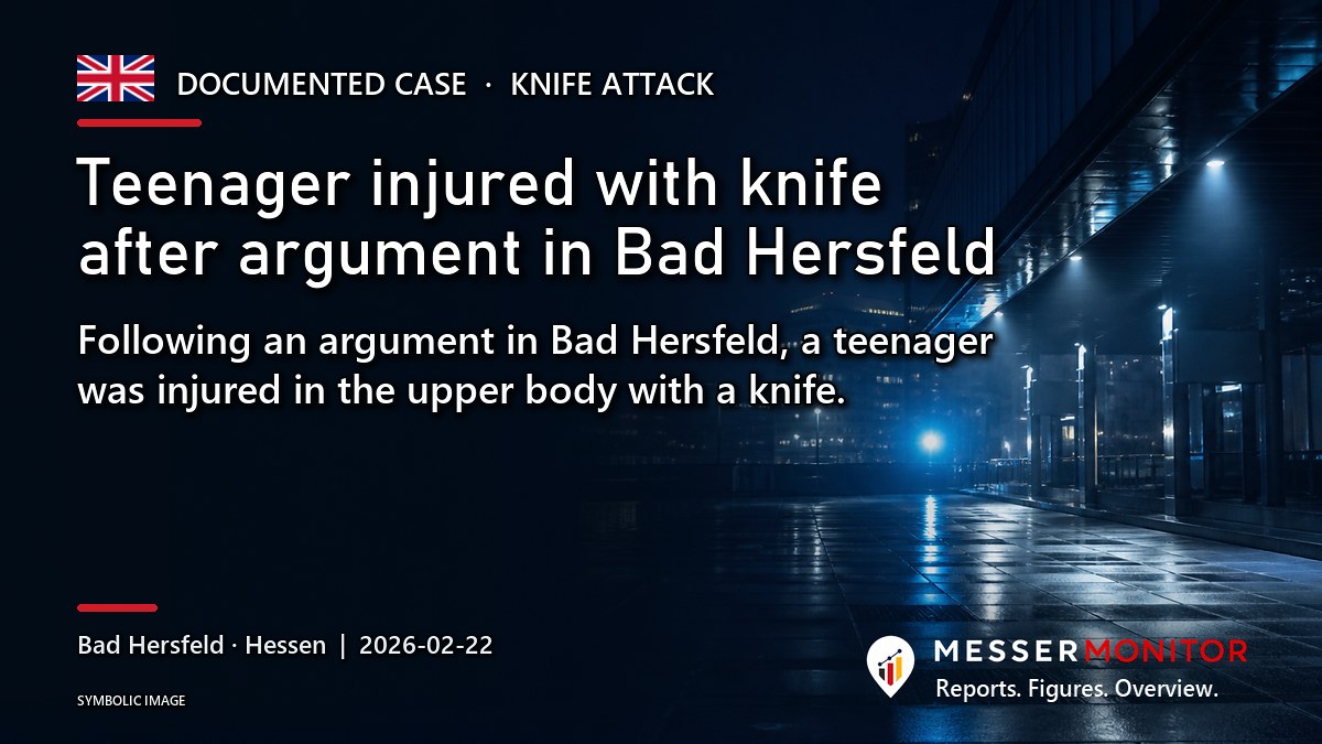 Title image: Teenager injured with knife after argument in Bad Hersfeld. Following an argument in Bad Hersfeld, a teenager was injured in the upper body with a knife..