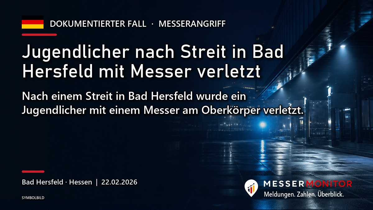 Titelgrafik: Jugendlicher nach Streit in Bad Hersfeld mit Messer verletzt. Nach einem Streit in Bad Hersfeld wurde ein Jugendlicher mit einem Messer am Oberkörper verletzt..