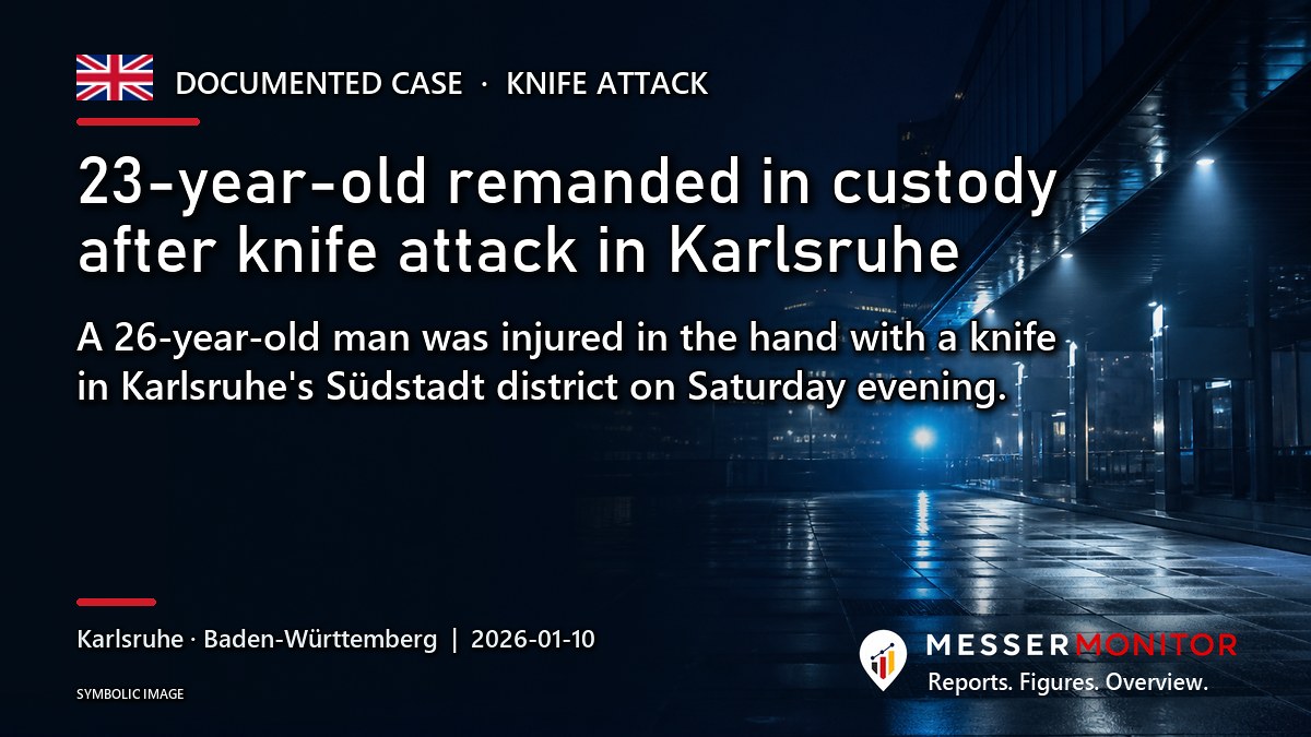 Title image: 23-year-old remanded in custody after knife attack in Karlsruhe. A 26-year-old man was injured in the hand with a knife in Karlsruhe's Südstadt district on Saturday evening..