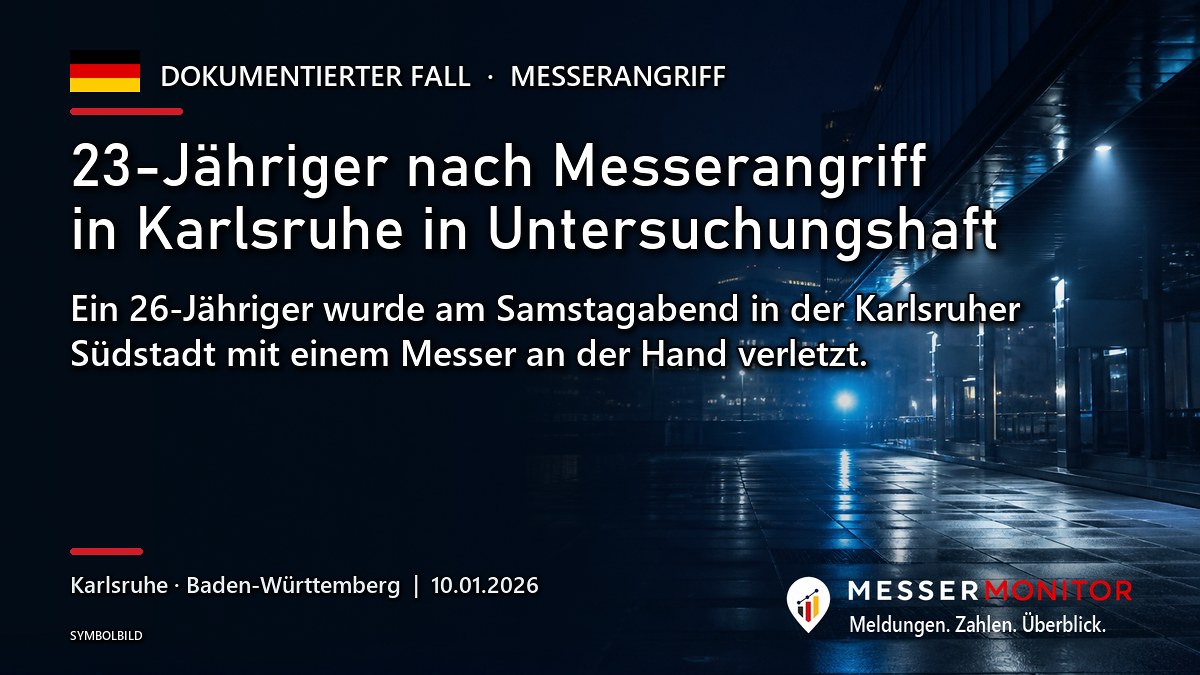 Titelgrafik: 23-Jähriger nach Messerangriff in Karlsruhe in Untersuchungshaft. Ein 26-Jähriger wurde am Samstagabend in der Karlsruher Südstadt mit einem Messer an der Hand verletzt..