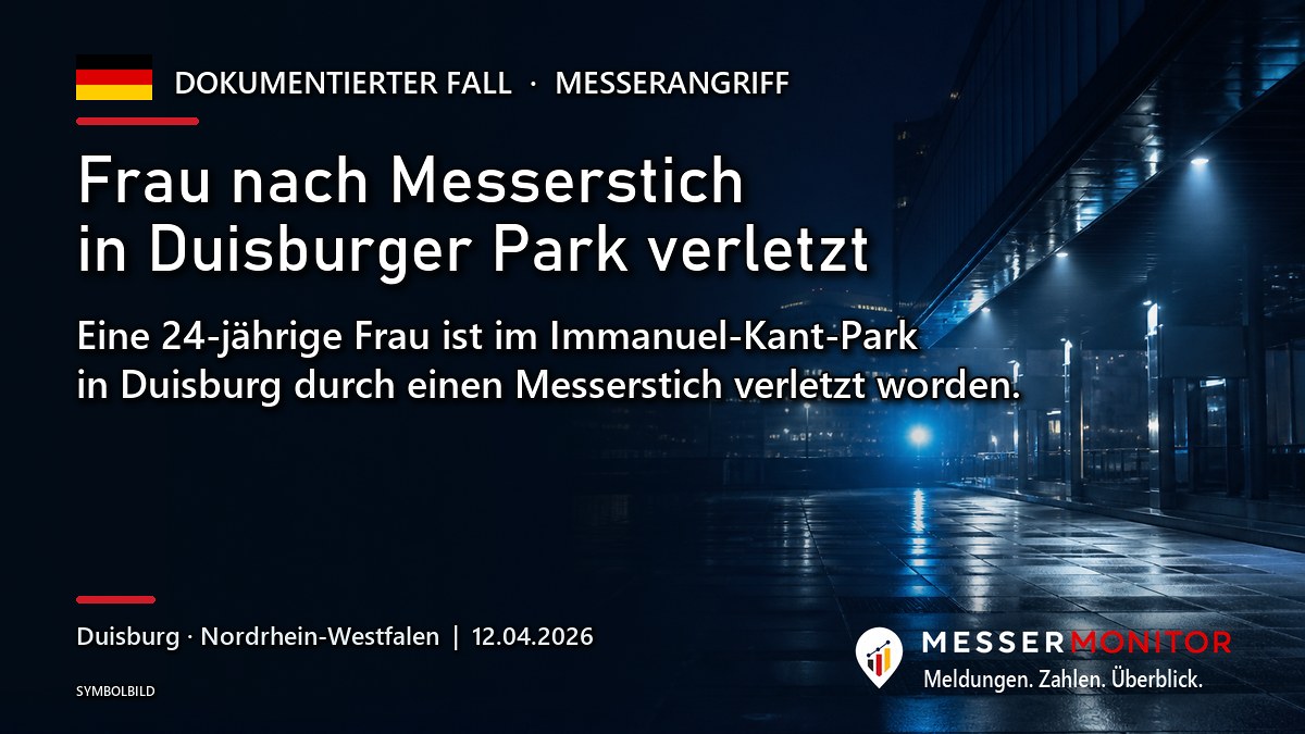 Titelgrafik: Frau nach Messerstich in Duisburger Park verletzt. Eine 24-jährige Frau ist im Immanuel-Kant-Park in Duisburg durch einen Messerstich verletzt worden..