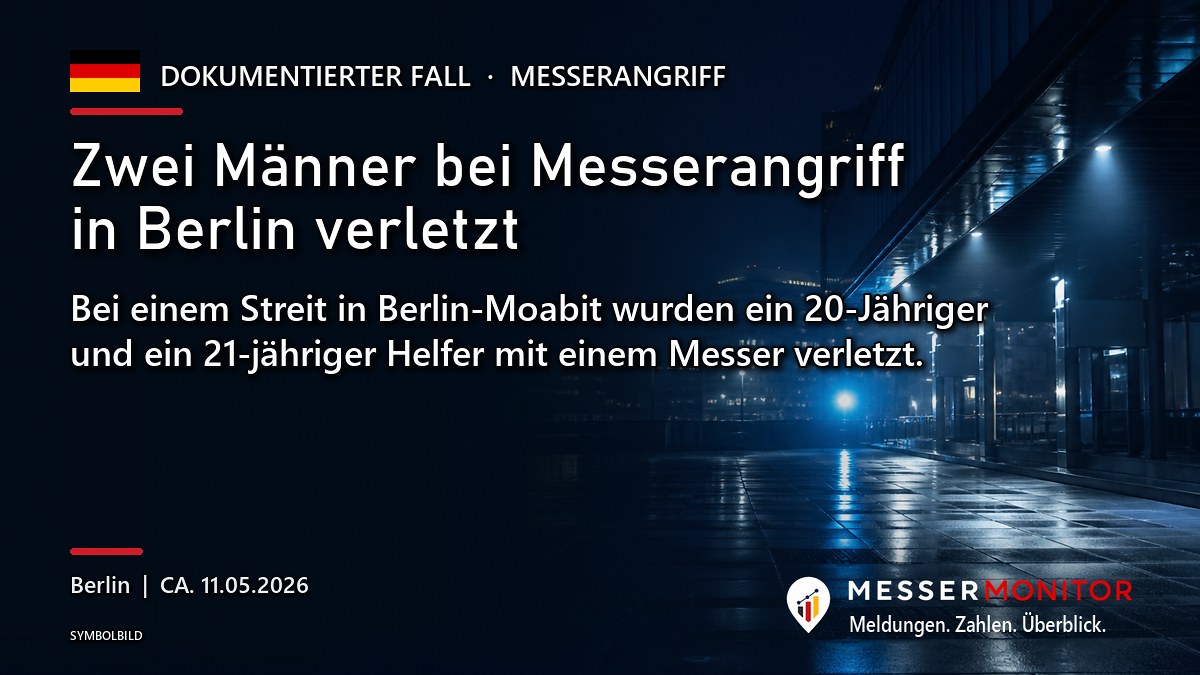 Titelgrafik: Zwei Männer bei Messerangriff in Berlin verletzt. Bei einem Streit in Berlin-Moabit wurden ein 20-Jähriger und ein 21-jähriger Helfer mit einem Messer verletzt..