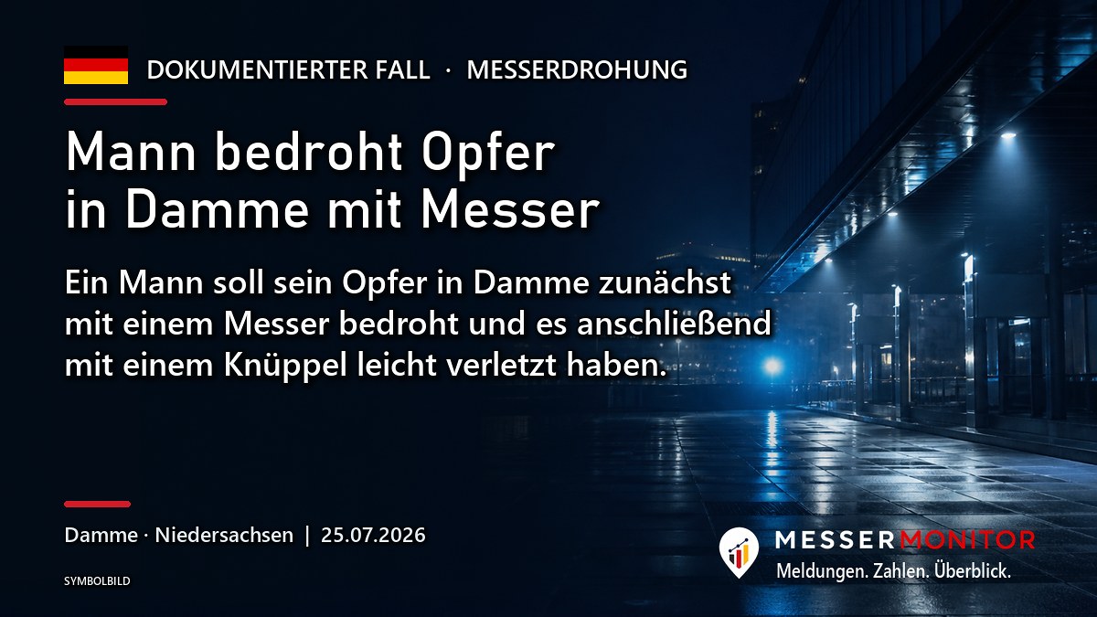 Titelgrafik: Mann bedroht Opfer in Damme mit Messer. Ein Mann soll sein Opfer in Damme zunächst mit einem Messer bedroht und es anschließend mit einem Knüppel leicht verletzt haben..