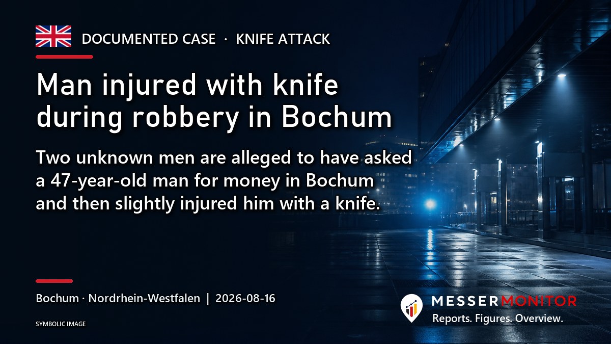 Title image: Man injured with knife during robbery in Bochum. Two unknown men are alleged to have asked a 47-year-old man for money in Bochum and then slightly injured him with a knife..