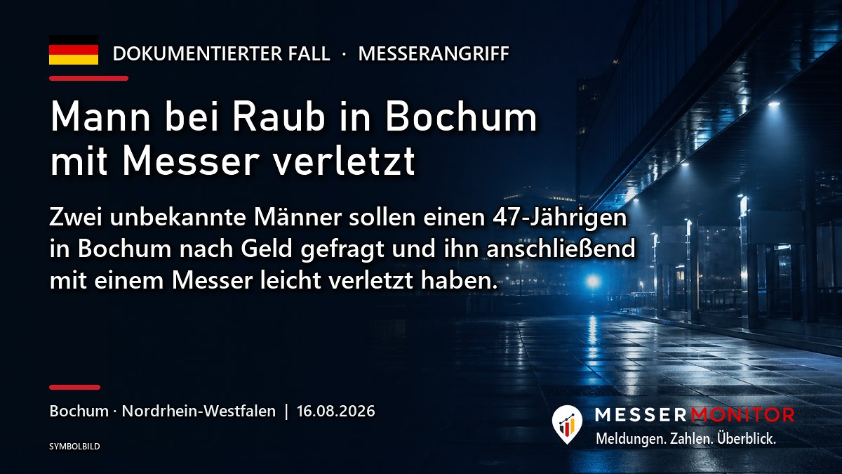 Titelgrafik: Mann bei Raub in Bochum mit Messer verletzt. Zwei unbekannte Männer sollen einen 47-Jährigen in Bochum nach Geld gefragt und ihn anschließend mit einem Messer leicht verletzt haben..