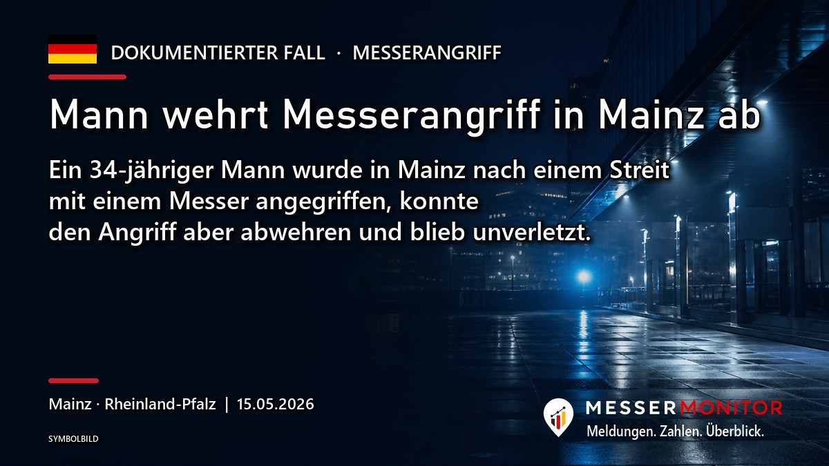Titelgrafik: Mann wehrt Messerangriff in Mainz ab. Ein 34-jähriger Mann wurde in Mainz nach einem Streit mit einem Messer angegriffen, konnte den Angriff aber abwehren und blieb unverletzt..