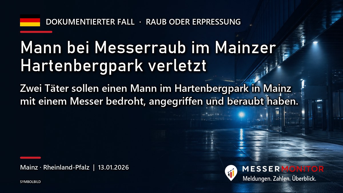 Titelgrafik: Mann bei Messerraub im Mainzer Hartenbergpark verletzt. Zwei Täter sollen einen Mann im Hartenbergpark in Mainz mit einem Messer bedroht, angegriffen und beraubt haben..
