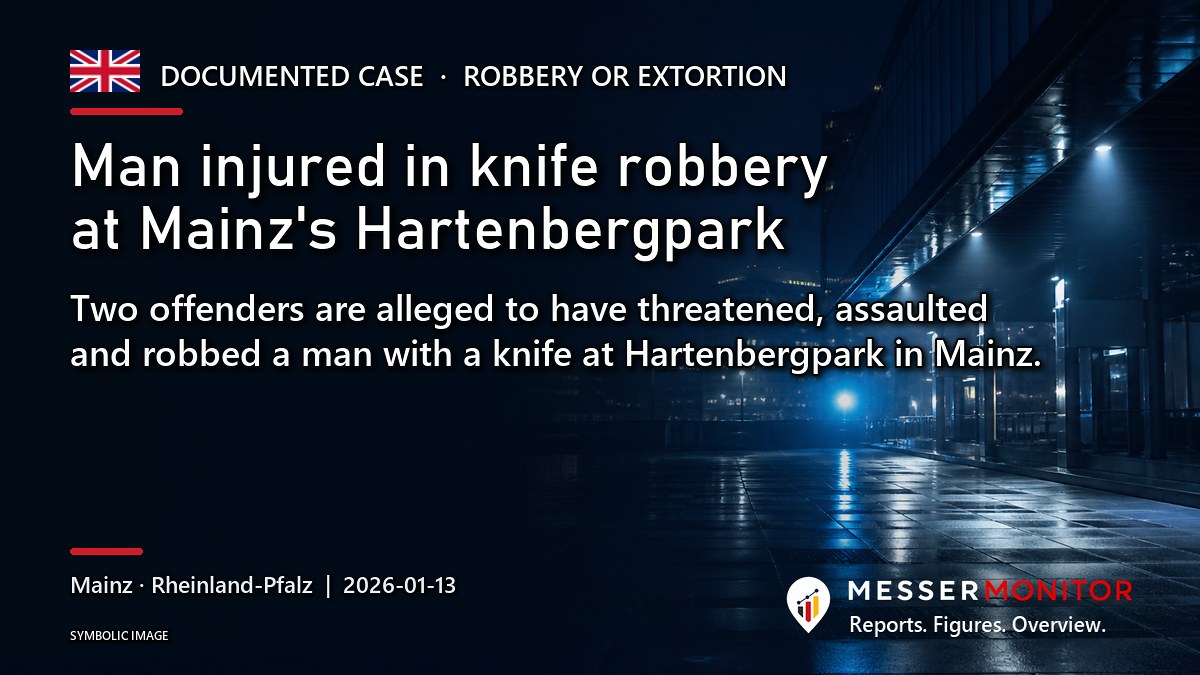Title image: Man injured in knife robbery at Mainz's Hartenbergpark. Two offenders are alleged to have threatened, assaulted and robbed a man with a knife at Hartenbergpark in Mainz..