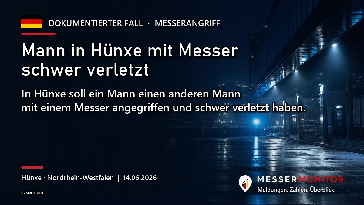 Titelgrafik: Mann in Hünxe mit Messer schwer verletzt. In Hünxe soll ein Mann einen anderen Mann mit einem Messer angegriffen und schwer verletzt haben..