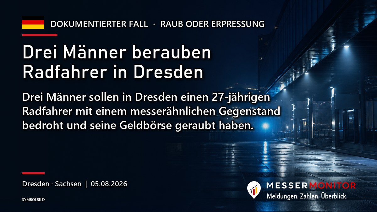 Titelgrafik: Drei Männer berauben Radfahrer in Dresden. Drei Männer sollen in Dresden einen 27-jährigen Radfahrer mit einem messerähnlichen Gegenstand bedroht und seine Geldbörse geraubt haben..