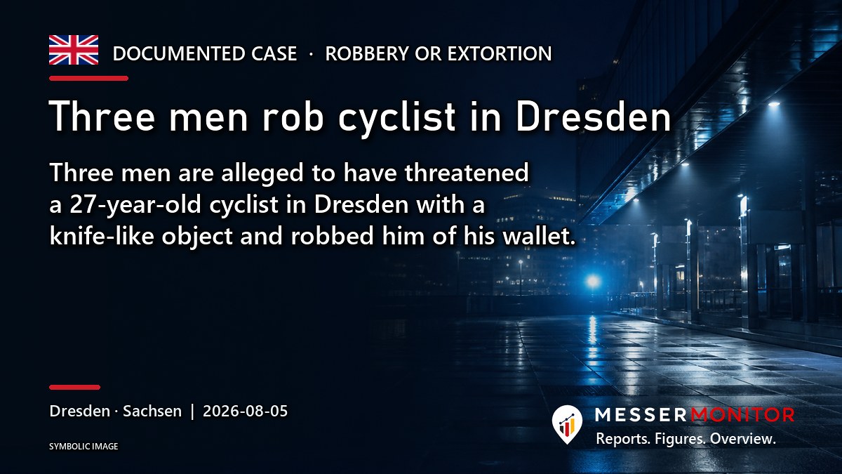 Title image: Three men rob cyclist in Dresden. Three men are alleged to have threatened a 27-year-old cyclist in Dresden with a knife-like object and robbed him of his wallet..