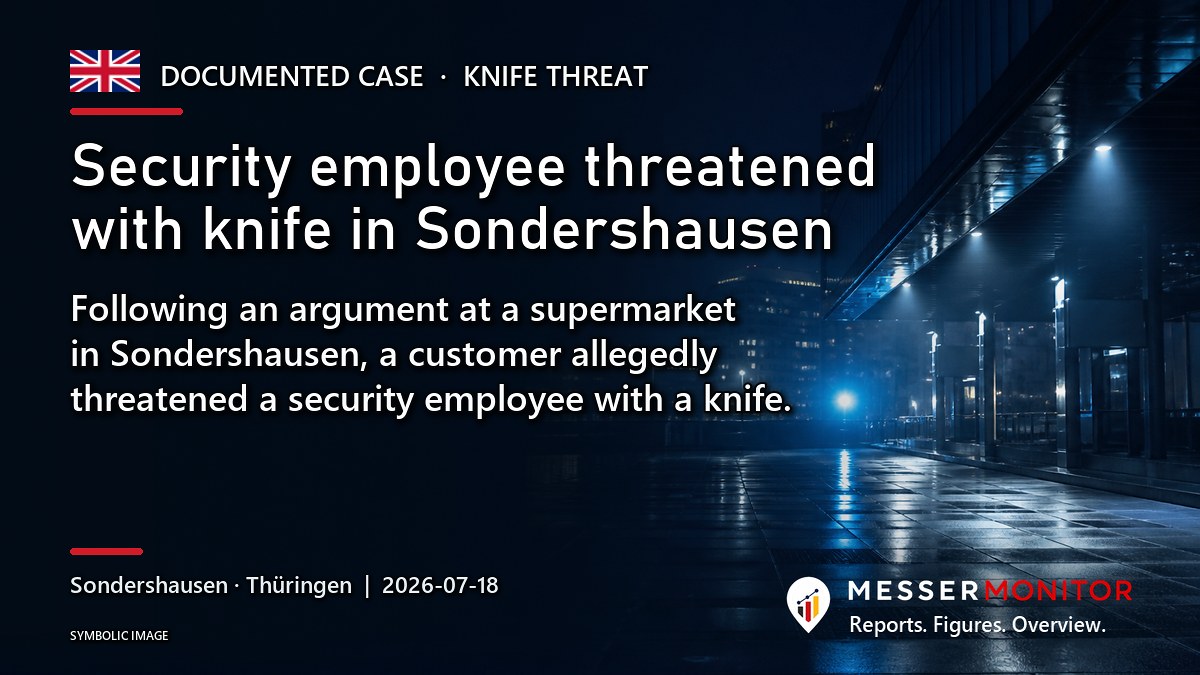 Title image: Security employee threatened with knife in Sondershausen. Following an argument at a supermarket in Sondershausen, a customer allegedly threatened a security employee with a knife..