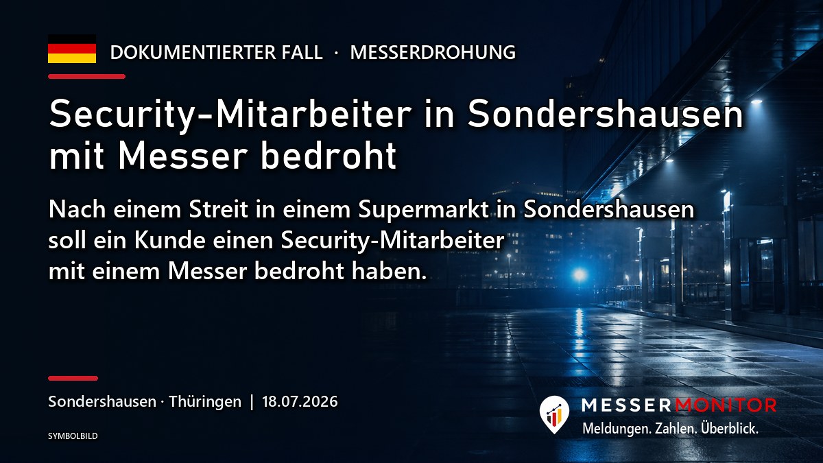 Titelgrafik: Security-Mitarbeiter in Sondershausen mit Messer bedroht. Nach einem Streit in einem Supermarkt in Sondershausen soll ein Kunde einen Security-Mitarbeiter mit einem Messer bedroht haben..