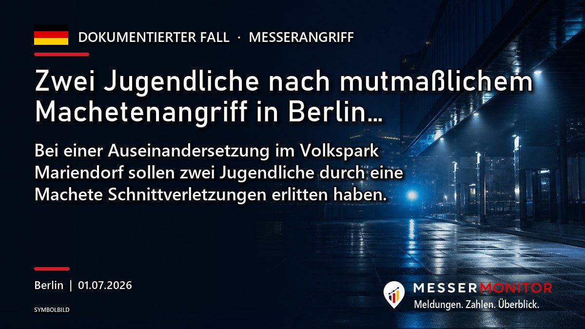 Titelgrafik: Zwei Jugendliche nach mutmaßlichem Machetenangriff in Berlin…. Bei einer Auseinandersetzung im Volkspark Mariendorf sollen zwei Jugendliche durch eine Machete Schnittverletzungen erlitten haben..