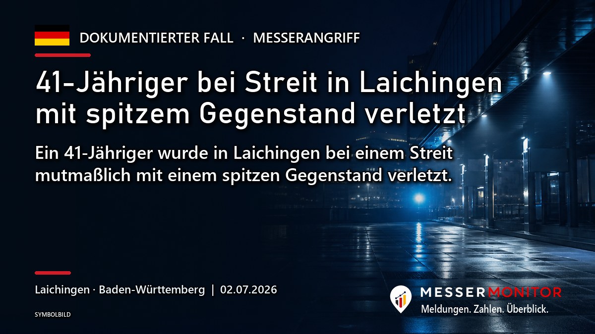Titelgrafik: 41-Jähriger bei Streit in Laichingen mit spitzem Gegenstand verletzt. Ein 41-Jähriger wurde in Laichingen bei einem Streit mutmaßlich mit einem spitzen Gegenstand verletzt..