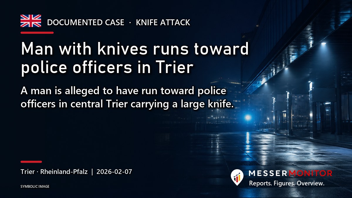 Title image: Man with knives runs toward police officers in Trier. A man is alleged to have run toward police officers in central Trier carrying a large knife..