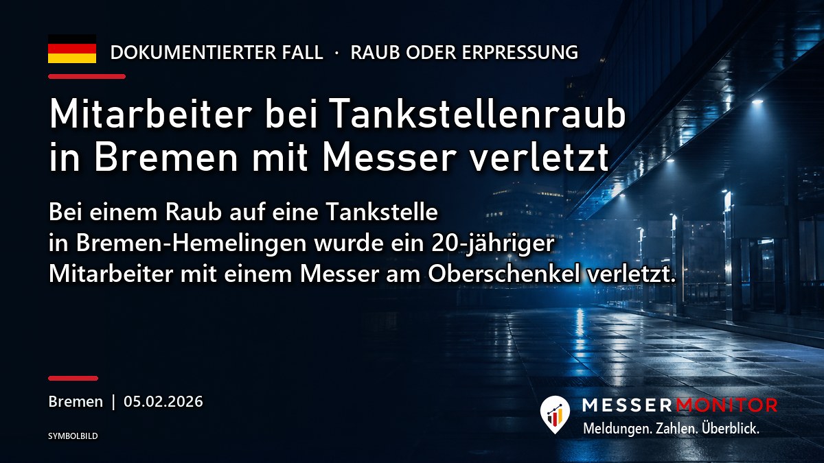Titelgrafik: Mitarbeiter bei Tankstellenraub in Bremen mit Messer verletzt. Bei einem Raub auf eine Tankstelle in Bremen-Hemelingen wurde ein 20-jähriger Mitarbeiter mit einem Messer am Oberschenkel verletzt..