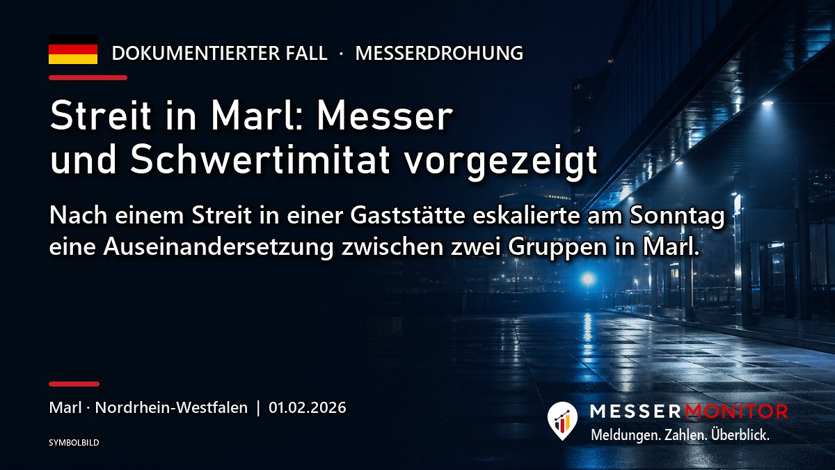 Titelgrafik: Streit in Marl: Messer und Schwertimitat vorgezeigt. Nach einem Streit in einer Gaststätte eskalierte am Sonntag eine Auseinandersetzung zwischen zwei Gruppen in Marl..