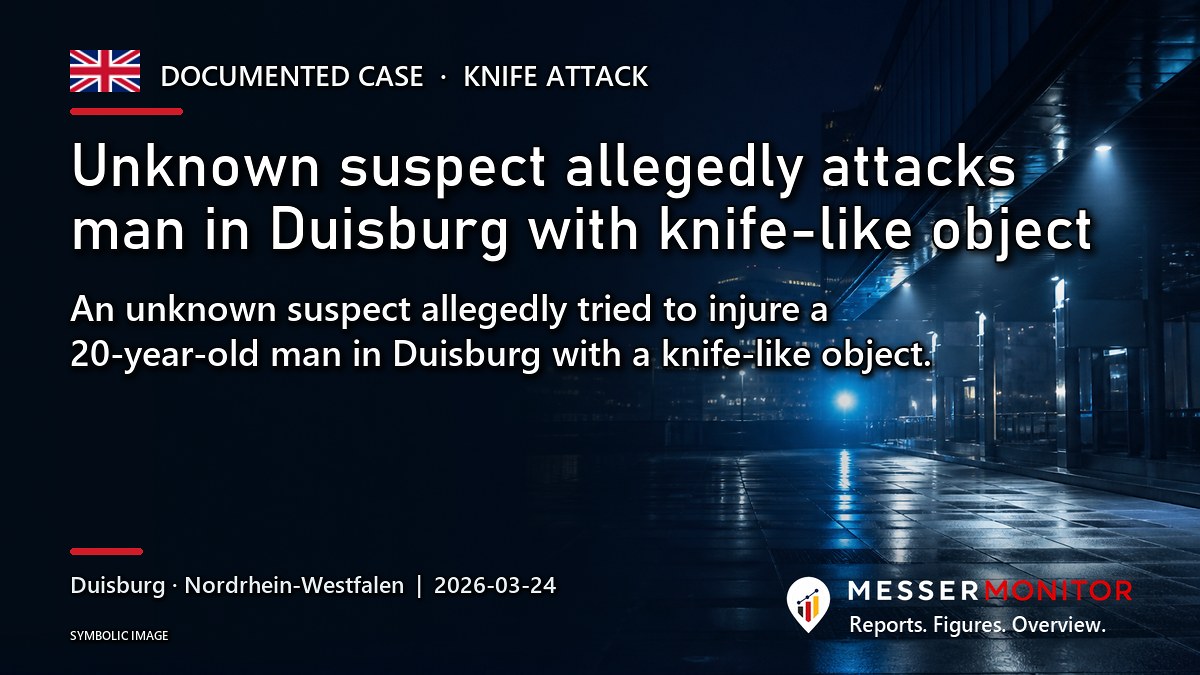 Title image: Unknown suspect allegedly attacks man in Duisburg with knife-like object. An unknown suspect allegedly tried to injure a 20-year-old man in Duisburg with a knife-like object..