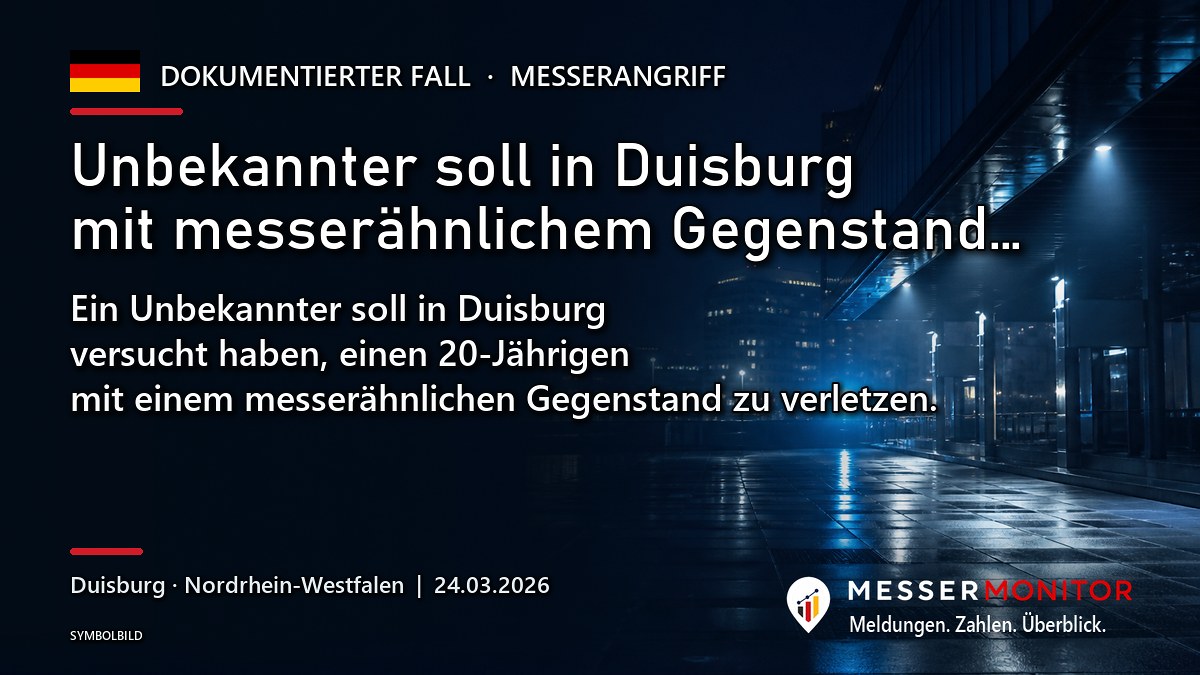 Titelgrafik: Unbekannter soll in Duisburg mit messerähnlichem Gegenstand…. Ein Unbekannter soll in Duisburg versucht haben, einen 20-Jährigen mit einem messerähnlichen Gegenstand zu verletzen..