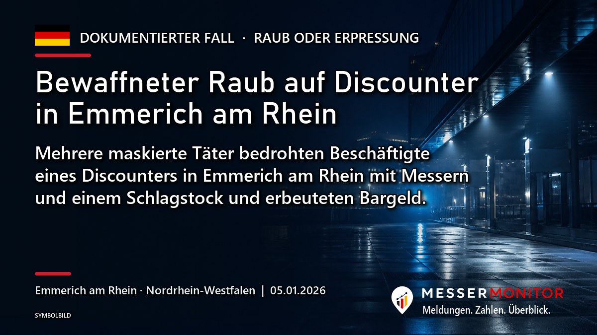 Titelgrafik: Bewaffneter Raub auf Discounter in Emmerich am Rhein. Mehrere maskierte Täter bedrohten Beschäftigte eines Discounters in Emmerich am Rhein mit Messern und einem Schlagstock und erbeuteten Bargeld..