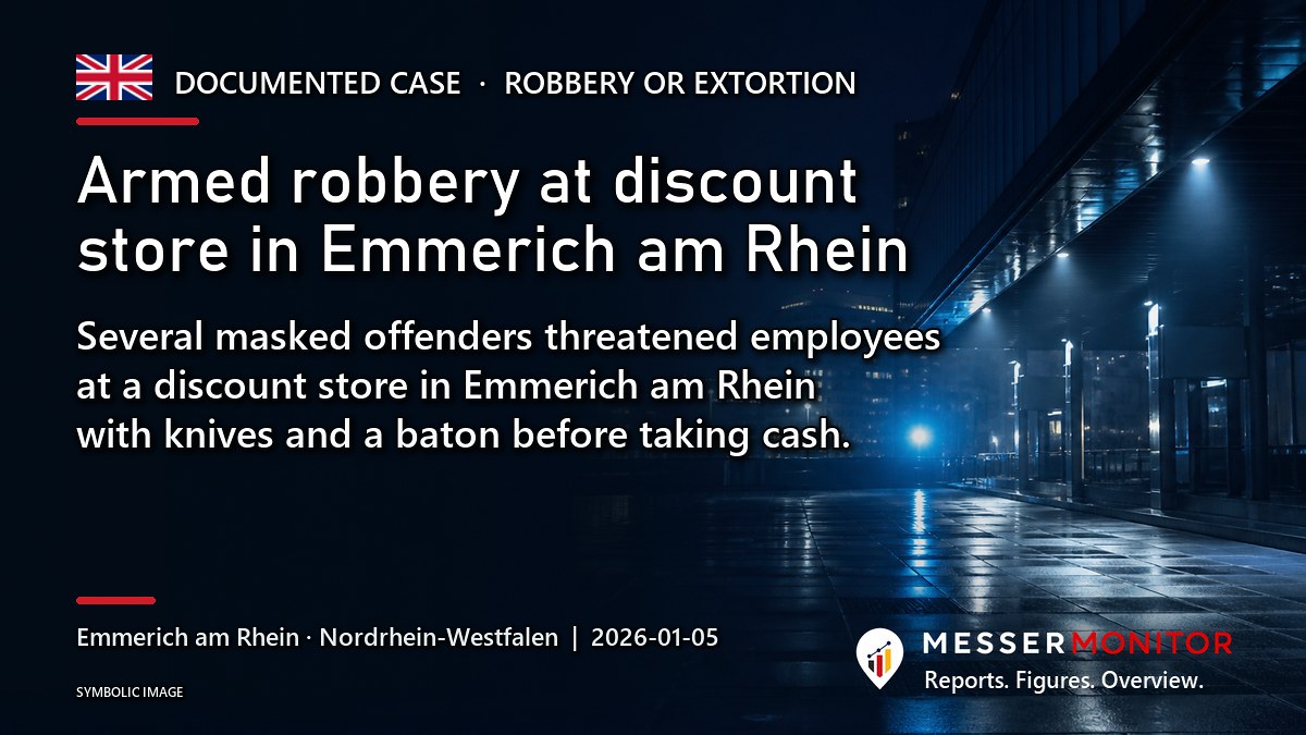 Title image: Armed robbery at discount store in Emmerich am Rhein. Several masked offenders threatened employees at a discount store in Emmerich am Rhein with knives and a baton before taking cash..