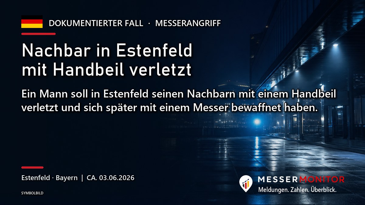 Titelgrafik: Nachbar in Estenfeld mit Handbeil verletzt. Ein Mann soll in Estenfeld seinen Nachbarn mit einem Handbeil verletzt und sich später mit einem Messer bewaffnet haben..