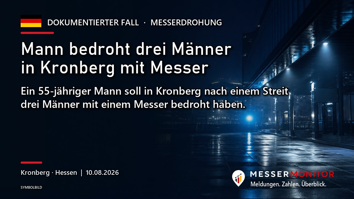 Titelgrafik: Mann bedroht drei Männer in Kronberg mit Messer. Ein 55-jähriger Mann soll in Kronberg nach einem Streit drei Männer mit einem Messer bedroht haben..