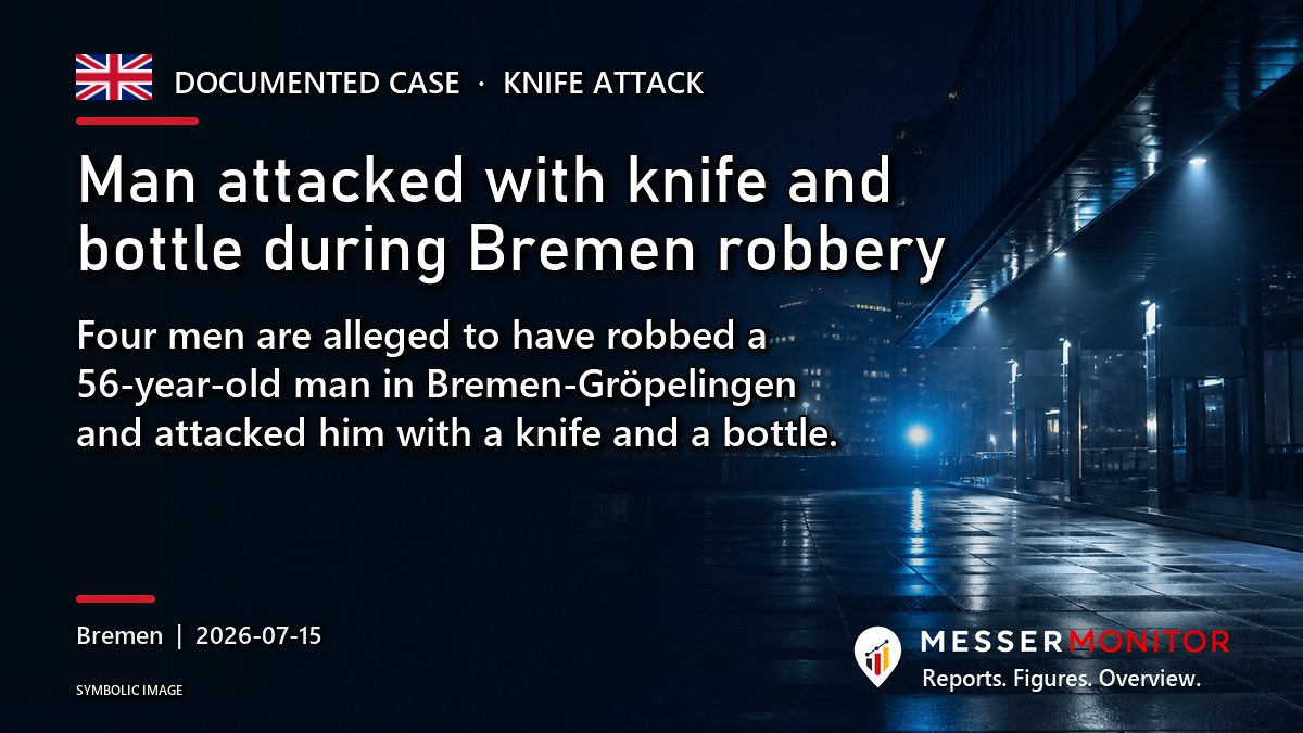 Title image: Man attacked with knife and bottle during Bremen robbery. Four men are alleged to have robbed a 56-year-old man in Bremen-Gröpelingen and attacked him with a knife and a bottle..