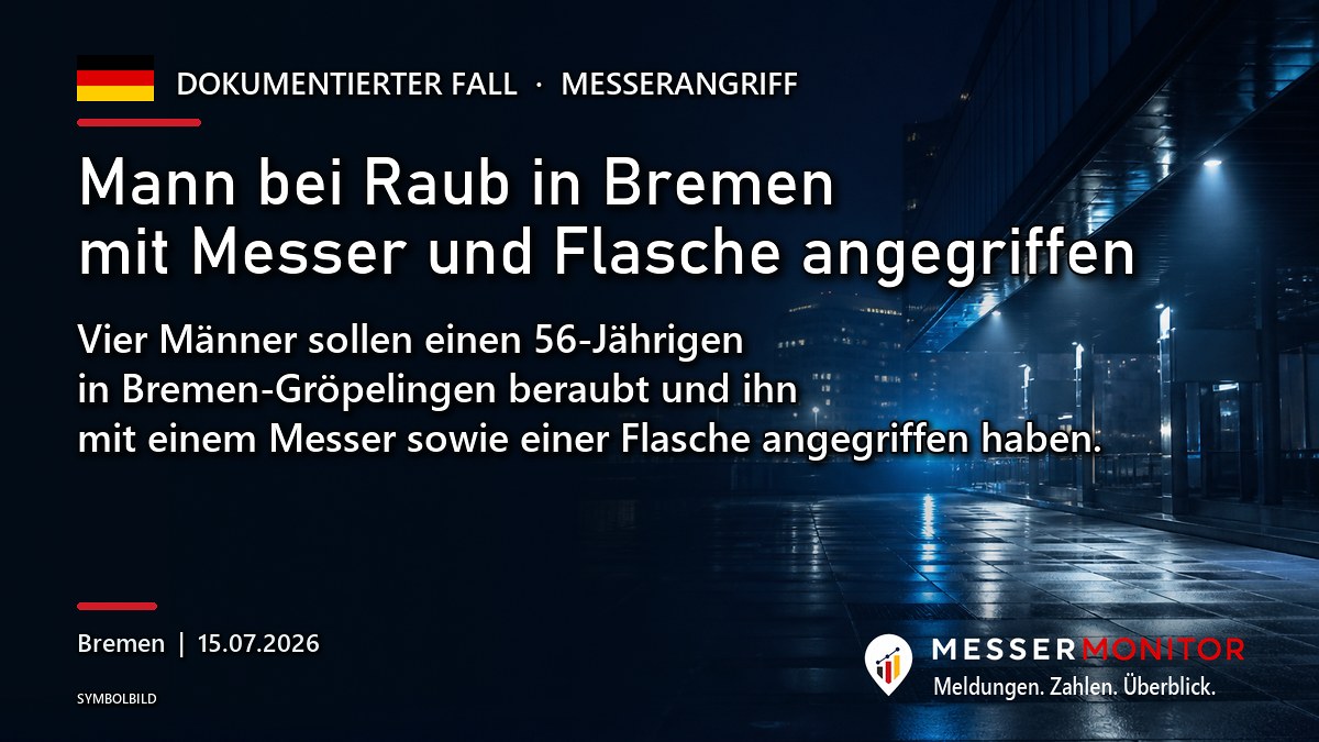 Titelgrafik: Mann bei Raub in Bremen mit Messer und Flasche angegriffen. Vier Männer sollen einen 56-Jährigen in Bremen-Gröpelingen beraubt und ihn mit einem Messer sowie einer Flasche angegriffen haben..