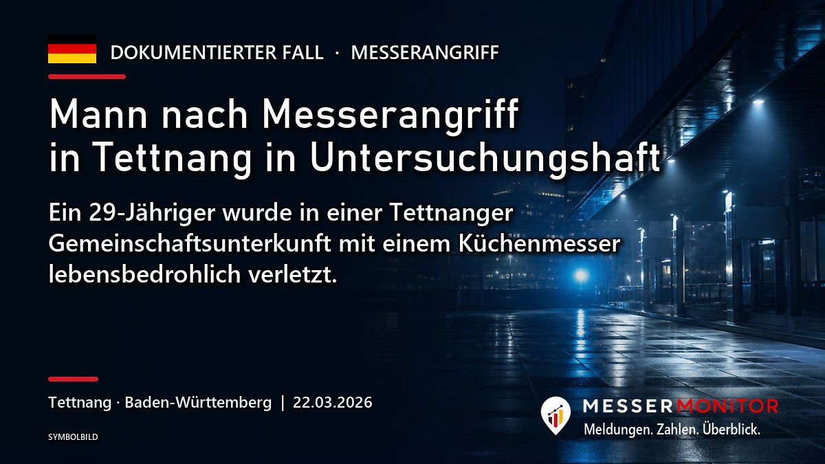 Titelgrafik: Mann nach Messerangriff in Tettnang in Untersuchungshaft. Ein 29-Jähriger wurde in einer Tettnanger Gemeinschaftsunterkunft mit einem Küchenmesser lebensbedrohlich verletzt..