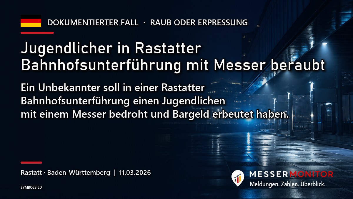 Titelgrafik: Jugendlicher in Rastatter Bahnhofsunterführung mit Messer beraubt. Ein Unbekannter soll in einer Rastatter Bahnhofsunterführung einen Jugendlichen mit einem Messer bedroht und Bargeld erbeutet haben..