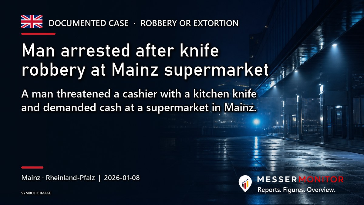 Title image: Man arrested after knife robbery at Mainz supermarket. A man threatened a cashier with a kitchen knife and demanded cash at a supermarket in Mainz..
