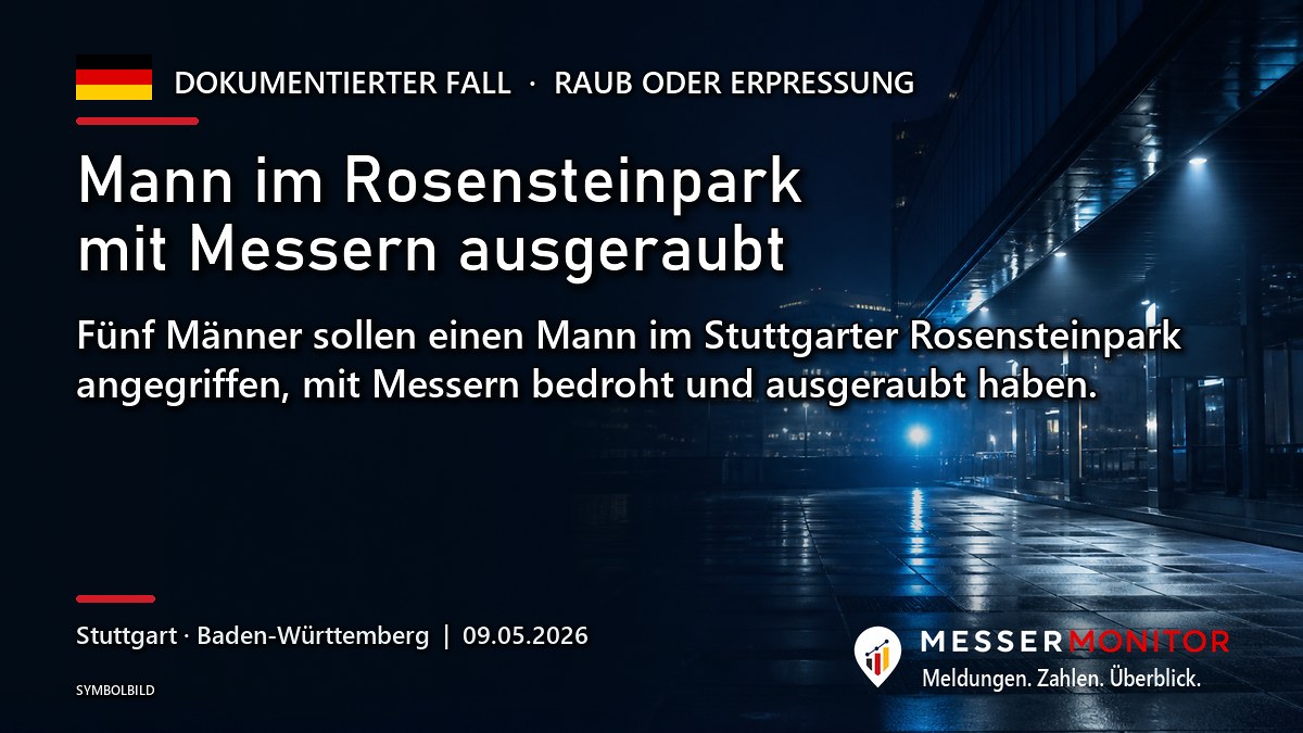 Titelgrafik: Mann im Rosensteinpark mit Messern ausgeraubt. Fünf Männer sollen einen Mann im Stuttgarter Rosensteinpark angegriffen, mit Messern bedroht und ausgeraubt haben..