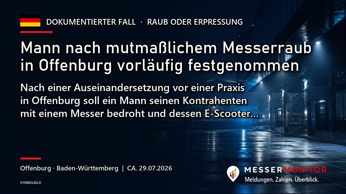 Titelgrafik: Mann nach mutmaßlichem Messerraub in Offenburg vorläufig festgenommen. Nach einer Auseinandersetzung vor einer Praxis in Offenburg soll ein Mann seinen Kontrahenten mit einem Messer bedroht und dessen E-Scooter….