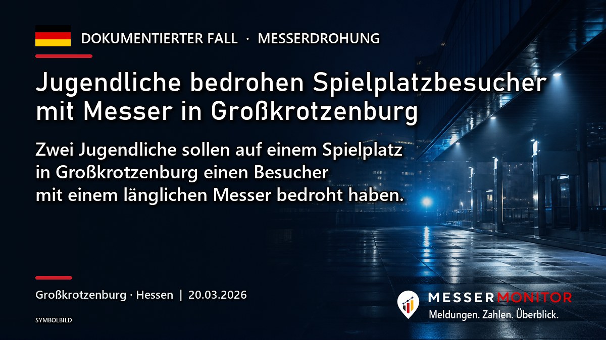 Titelgrafik: Jugendliche bedrohen Spielplatzbesucher mit Messer in Großkrotzenburg. Zwei Jugendliche sollen auf einem Spielplatz in Großkrotzenburg einen Besucher mit einem länglichen Messer bedroht haben..
