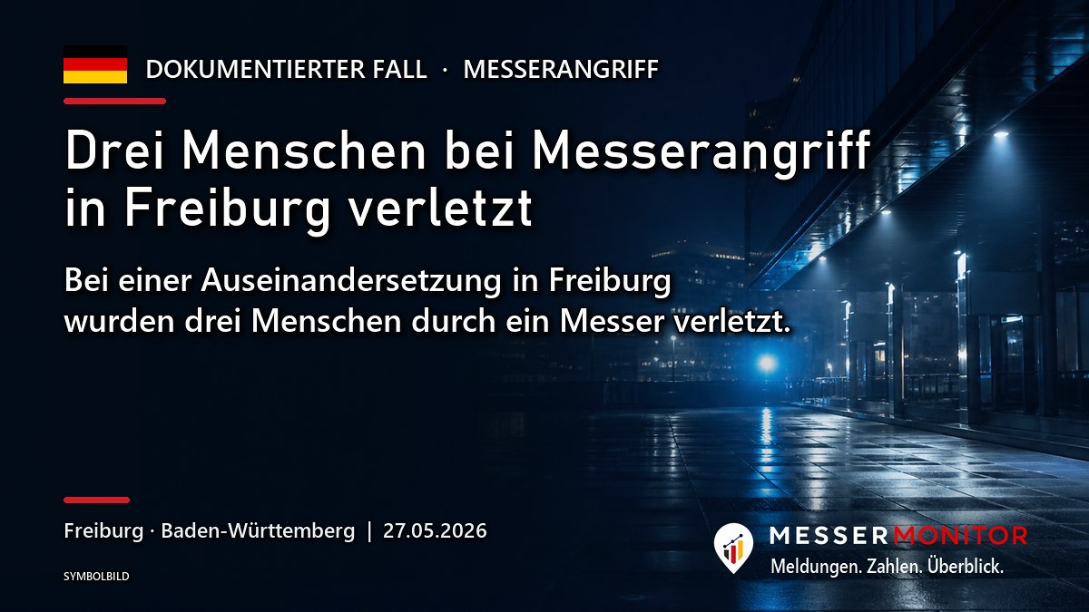 Titelgrafik: Drei Menschen bei Messerangriff in Freiburg verletzt. Bei einer Auseinandersetzung in Freiburg wurden drei Menschen durch ein Messer verletzt..