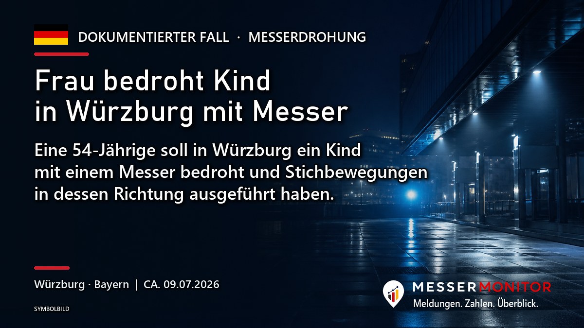 Titelgrafik: Frau bedroht Kind in Würzburg mit Messer. Eine 54-Jährige soll in Würzburg ein Kind mit einem Messer bedroht und Stichbewegungen in dessen Richtung ausgeführt haben..